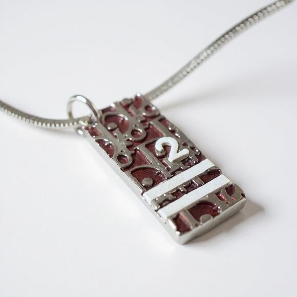 Dior Oblique Silver & Burgundy Dog Tag Pendant Necklace - Picture 1 of 5